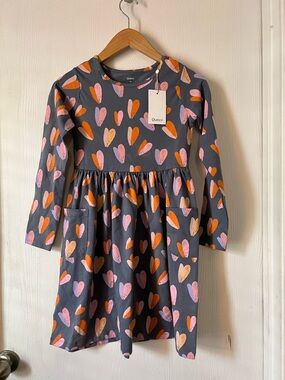 Quince Grey Heart Print Long Sleeve Dress Girls Sz 10 NWT